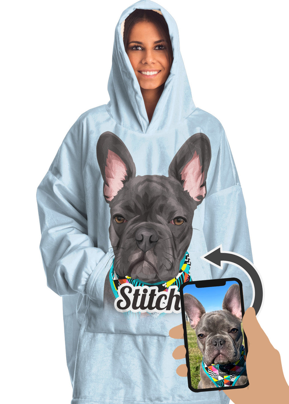 Custom HOODIE Blanket: Super-Sized Orig. Face Art (Dog, Cat, Human Face)